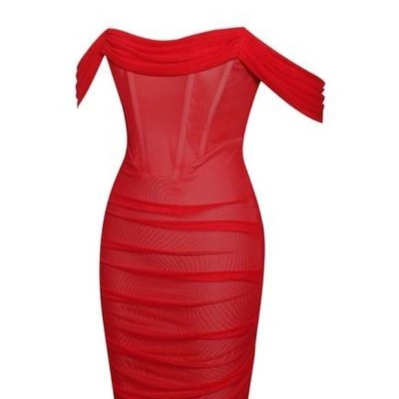 🔥Red Off Shoulder Mesh Corset Dress - Picture 6 of 16